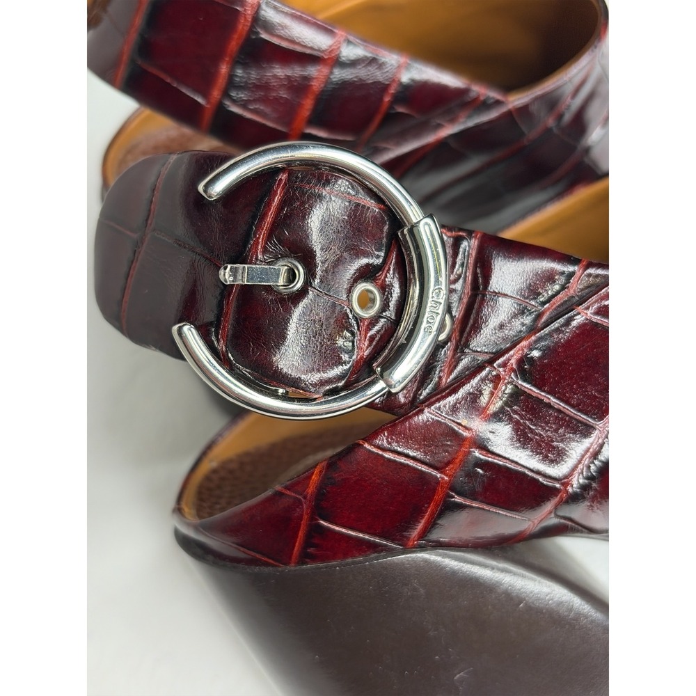 Chloe‎ Burgundy Mock Croc Embossed Leather Slingback Mules Size 38 Block Heel - Picture 7 of 9